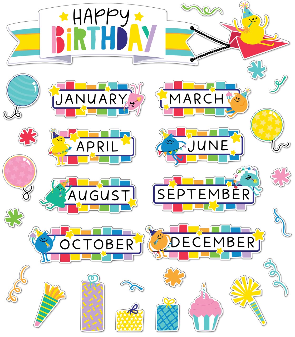 Carson Dellosa Happy Place 73 pc Bundle of Birthday Decorations, Monthly Calendar Headers, Confetti, Cupcakes, Presents, and Balloon Cutouts for Party, Classroom, Bulletin Board, and Wall Decor